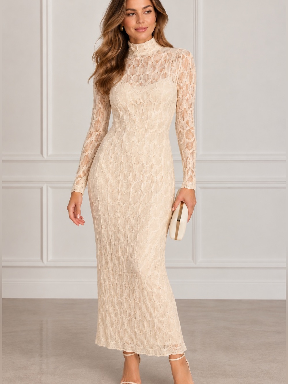 Antonio Melani Katelyn Cream Textured Mesh Maxi Dress Turtleneck Size M NWT